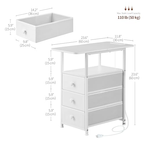 Narrow End Table with Charging Station, Narrow Side Table with 3 Fabric Drawers, Slim Nightstand with LED Light, Small Table with Storage, Living Room, Bedroom, White HKET1303WT - color: White, size: 11.8" W x 23.6" D, style: Power + Light