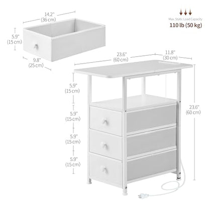 Narrow End Table with Charging Station, Narrow Side Table with 3 Fabric Drawers, Slim Nightstand with LED Light, Small Table with Storage, Living Room, Bedroom, White HKET1303WT - color: White, size: 11.8" W x 23.6" D, style: Power + Light