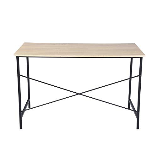 Modern Computer Desk with Light Wood Top, 47.2" x 23.6" Writing Table, Black Metal Frame with Cross Brace, Minimalist Home Office Desk for Study or Workstation or Entryway