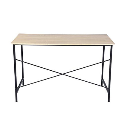 Modern Computer Desk with Light Wood Top, 47.2" x 23.6" Writing Table, Black Metal Frame with Cross Brace, Minimalist Home Office Desk for Study or Workstation or Entryway