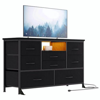 8-Drawer LED Dresser TV Stand with Power Outlet for 55'' TV - Wide Storage Chest for Bedroom, Living Room & Entryway, Wood Top Console Table with 22 Light Modes - color: Black