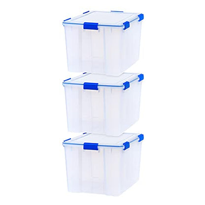 IRIS USA 3-Pack 74 Qt Storage Bins with Gasket Lids, Clear/Blue | WeatherPro seal helps protect bulky items for moving, garage, attic and basement storage - size: 74 Qt. - 3 Pack