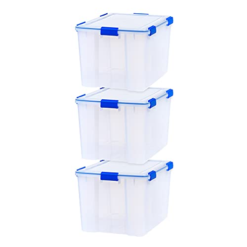 IRIS USA 3-Pack 74 Qt Storage Bins with Gasket Lids, Clear/Blue | WeatherPro seal helps protect bulky items for moving, garage, attic and basement storage - size: 74 Qt. - 3 Pack