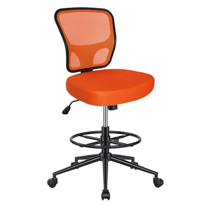 Armless Drafting Chair Tall Office Chair for Standing Desk - Adjustable Height Mesh Ergonomic Drafting Stool with Foot Ring & Wheels, Rolling Counter Height Computer Chair for Home Office - color: Orange