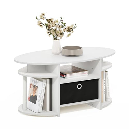 Oval Modern Coffee Table with Side Shelves and Storage Bin, Side Table with Shelf, Coffee Table, for Bedroom, Living Room, Home Office, White - color: White/White/Black