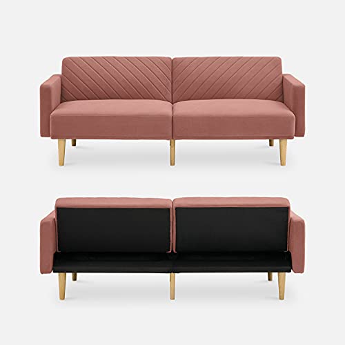 mopio 76.4" Futon Sofa Bed Chevron Styled, Sleeper Couch (Old Rosa Velvet) | Reclines flat for surprise sleepovers; space-savvy design and tapered legs add mid-century warmth. - color: Old Rosa Velvet