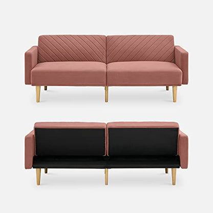 mopio 76.4" Futon Sofa Bed Chevron Styled, Sleeper Couch (Old Rosa Velvet) | Reclines flat for surprise sleepovers; space-savvy design and tapered legs add mid-century warmth. - color: Old Rosa Velvet