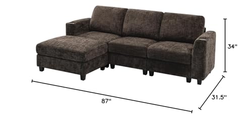 87" Chenille 3 Seater Couch with Soft Ottoman, Brown | L-Shape Sectional Sofa with Durable Cup Holders, Upholstered Sofa with Comfy Backrests for Living Room, House - color: Brown, size: 87" L-Shape