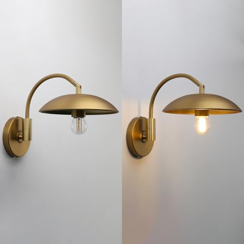 Phansthy Modern Brass Wall Sconce Hardwired 2 Pack, Adjustable Lighting Direction Wall Light, Swing Arm Wall Lamp with 8.5" Metal Half Sphere Shade for Bedside Reading, Farmhouse (Antique Gold) - color: Antique Gold