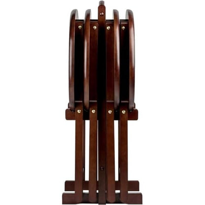 Pemberly Row 5-Piece Solid Wood Snack Table Set, Oval Shape, Cappuccino Finish, Includes Storage Stand, Portable Folding Tables for Living Room or Home Office