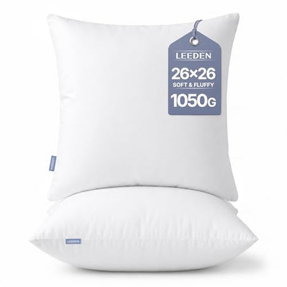 Leeden 26x26 Pillow Inserts, 26 Inch Decorative Throw Pillow Inserts, Soft Fluffy Square Throw Pillows for Couch, Sofa, Bed, and Home Decor White Pillows Pack of 2 - size: 26x26 Inch