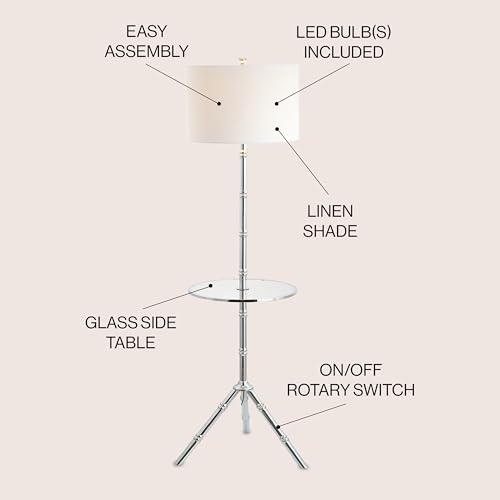 JONATHAN Y Hall 62" Metal LED End Table Floor Lamp, Chrome | 20.5" Round Surface, White Linen Drum Shade, Modern Tripod Base, Standing Light, Living Room, Bulb Included - color: Chrome