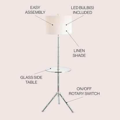 JONATHAN Y Hall 62" Metal LED End Table Floor Lamp, Chrome | 20.5" Round Surface, White Linen Drum Shade, Modern Tripod Base, Standing Light, Living Room, Bulb Included - color: Chrome