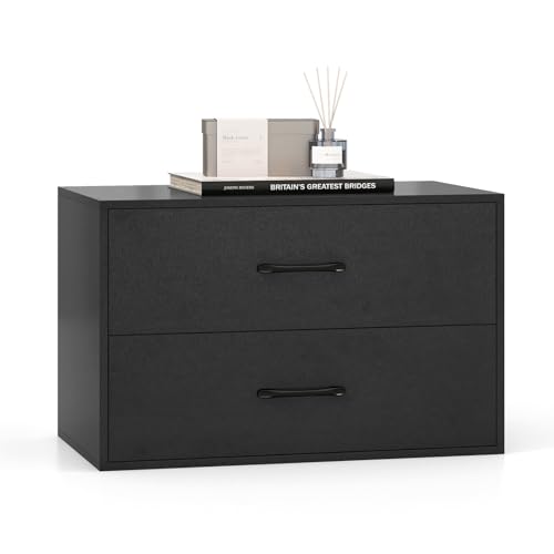 2-Drawer Stackable Dresser, Horizontal Storage Cabinet (1, Black) | Lateral File Cabinet | Stacking Drawer Chest | Metal Handle | Anti-Topping Kits | For Living Room, Study, Office - color: Cherry