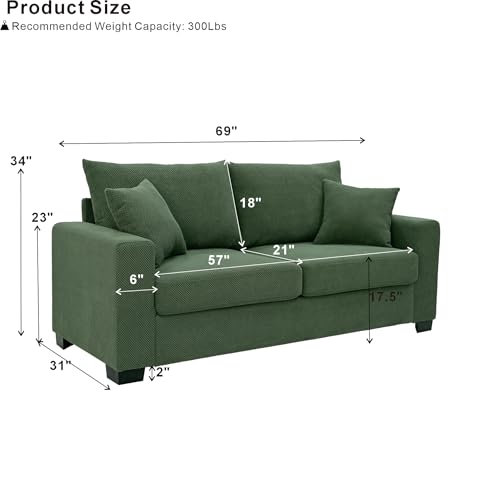 Dark Green 69'' Modern Loveseat Sofa | Upholstered 2-Seater Sofa for Living Room, Mid-Century Modern Love Seats with 2 Pillows, Deep Seat for Office Apartment - color: Dark Green