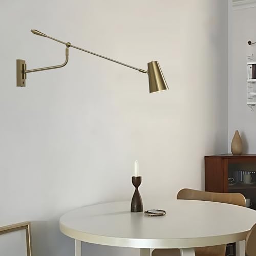Adjustable Direction Swing Arm Wall Lamp, Gold, 33 Inch | Rotatable Activity, Dual Power Modes Plug-in/Hardwired, Indoor Large Wall Mounted, For Bedroom Living Room Dining Room - color: Dold