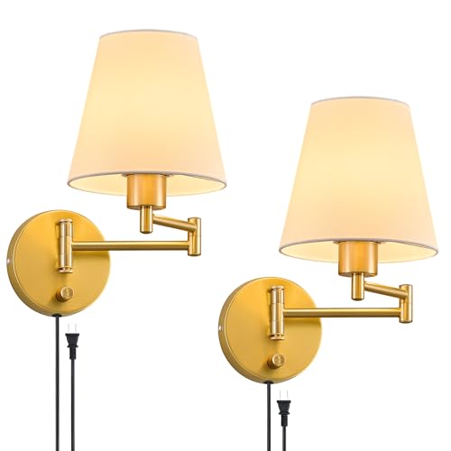 VONLUCE Wall Sconce Set of 2, Plug in & Swing Arm Wall Lamps, Gold Finish | Modern Wall Lights with White Fabric Shades, Plug in & Hardwired Wall Mounted Light for Bedside, Living Room, Hallway - color: Gold, size: 2 Pack