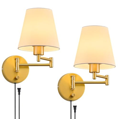 VONLUCE Wall Sconce Set of 2, Plug in & Swing Arm Wall Lamps, Gold Finish | Modern Wall Lights with White Fabric Shades, Plug in & Hardwired Wall Mounted Light for Bedside, Living Room, Hallway - color: Gold, size: 2 Pack