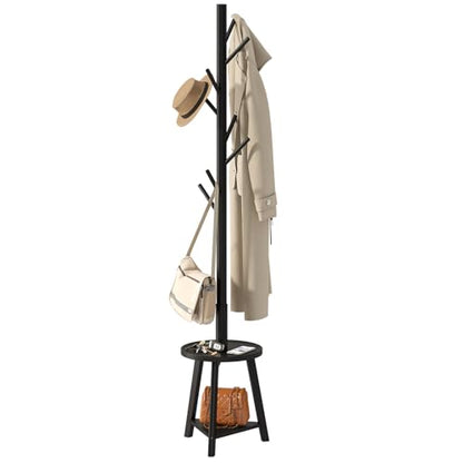BMOSU Coat Rack freestanding Stand with Shelf Bamboo Wooden Coat Tree Easy Assembly 8 Hooks Standing Jackets Hanger Hallway Office Floor Coat Stand Black - color: BLACK