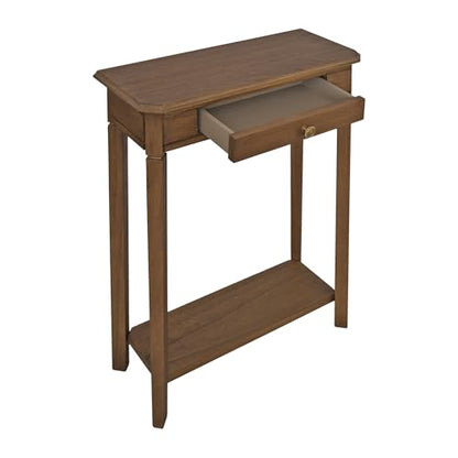 Marnie Natural Narrow Console Table for Entryway with Drawer | 23.75-inch slim hallway table with lower shelf, natural wood finish, French country storage furniture for small spaces - color: Brown