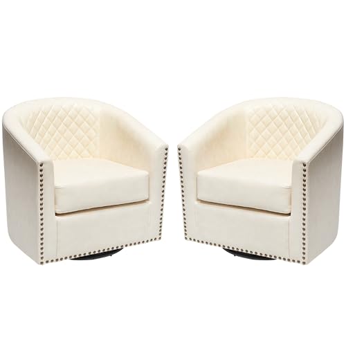 KINWELL 50" Faux Leather Loveseat with 2 Swivel Barrel Accent Chairs, Cream | PU Upholstered Tufted Minimalist 2-Seater Couch Sofa and Set of 2 Vegan Leather Swivel Armchairs for Small Spaces Apartment - color: Cream, style: 2 Chairs + Loveseat