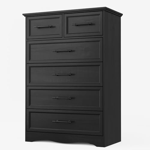 YANSNWO Black 6 Drawer Dresser for Bedroom, 44" Tall Chest of Drawers | Brushed Metal Handles, Unique Base Design, Replicated Wood Grain Finish, Modern Farmhouse for Bedroom/Living Room/Hallway - color: Black, size: 15.7"D x 31"W x 44.3"H (6 Drawers)