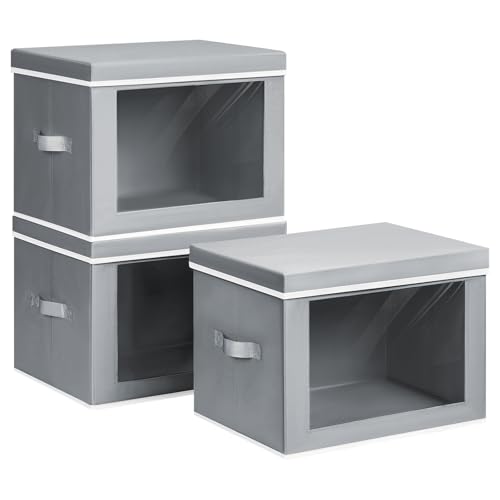 Large Storage Baskets Bins with Lids - Stackable Cube Bins for Closet, 3 Pack Grey Windows Organizer Bins, Home Organizers and Storage for Clothes, CD, Towels - color: Grey, size: XL(3-Pack)