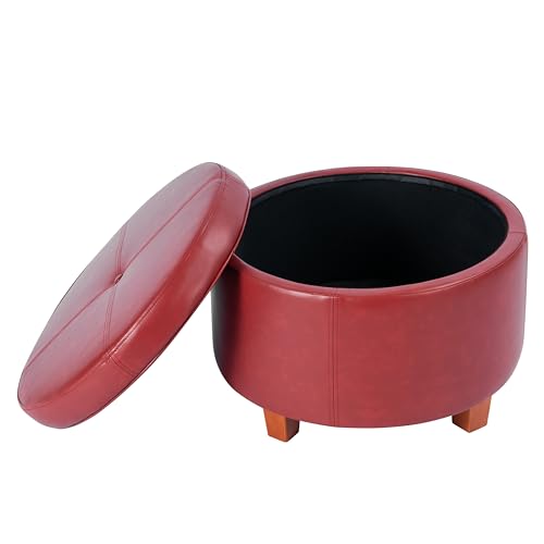 HomePop Round Leatherette Storage Ottoman with Lid, Cinnamon Red Large - color: Cinnamon Red