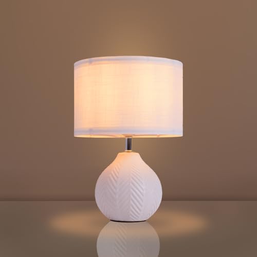 SOTTAE 12'' White Ceramic Table Lamp, Leaf Patterned Ceramic Desk Lamp Small Bedside Lamp with Linen Shade, Mid Century Modern Nightstand Lamp for Bedroom Living Room Reading Room