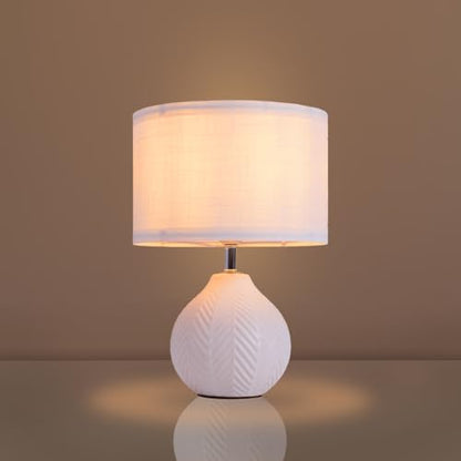 SOTTAE 12'' White Ceramic Table Lamp, Leaf Patterned Ceramic Desk Lamp Small Bedside Lamp with Linen Shade, Mid Century Modern Nightstand Lamp for Bedroom Living Room Reading Room