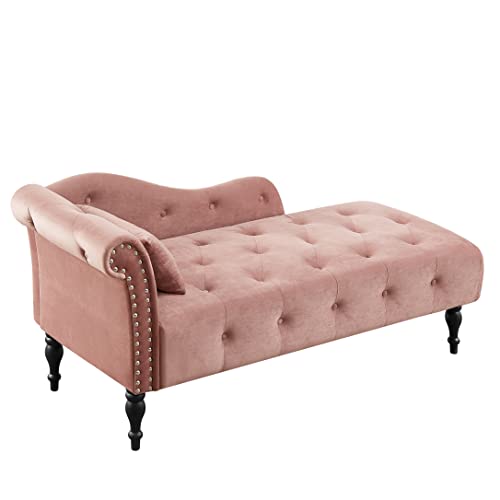 60" Modern Velvet Chaise Lounge Indoor,Upholstered Lounge Chair with Left Armrest and Lumbar Pillow, Button Tufted Lounge Sofa for Living Room Bedroom Office,Mini Chaise Longue Sofa (Pink) - color: Pink