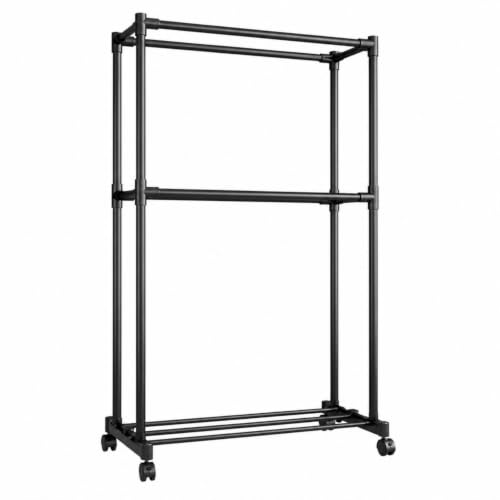 Double Rods Clothes Rack, Heavy Duty Metal Garment Rack with Wheels & Shelf