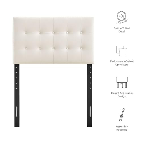 Modway Emily Twin Size Performance Velvet Headboard in Alabaster - Stain-Resistant Velvet Upholstery with Button Tufting and 7 Adjustable Height Positions - color: Alabaster, size: Twin