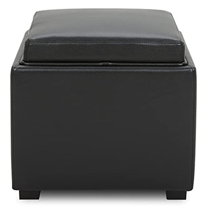 CHITA Storage Ottoman Cube with Tray Lid, Small Footstool with Storage, Square End Table for Living Room and Bedroom, Faux Leather in Black - color: Black