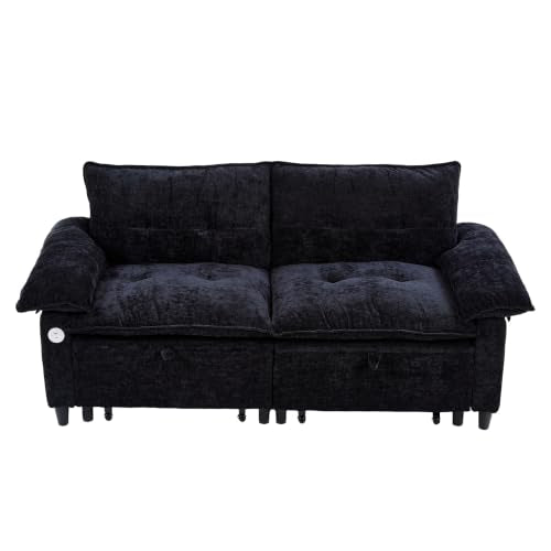 73" Plush Velvet Convertible Loveseat Sleeper Sofa Bed, Loveseat Convertible with Hidden Mattress, Sofa Bed Couch Simple Assembly for Small Apartment and Guest Space, Black - color: Black