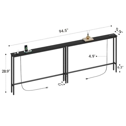 ELYKEN 94.5" Narrow Console Table with Outlet, Sofa Table Behind Couch | Extra Long Skinny Entryway Tables with Charging Station for Living Room, Hallway, 5.9 x 94.5 x 29.5in, Black - color: Black, size: 5.9"DX94.5"WX29.5"H