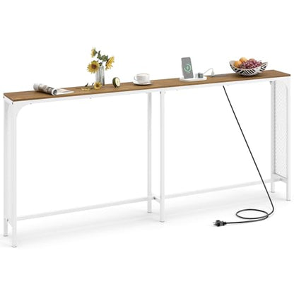 GIANTEX 71" Narrow Console Table with 2 Power Outlets and USB-C Ports | Sofa Table w/ Charging Station & Metal Frame, Skinny Behind Couch Tables, Long Entryway Tables for Living Room, Natural+White - color: Natural + White