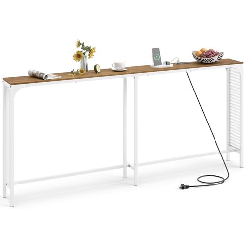 GIANTEX 71" Narrow Console Table with 2 Power Outlets and USB-C Ports | Sofa Table w/ Charging Station & Metal Frame, Skinny Behind Couch Tables, Long Entryway Tables for Living Room, Natural+White - color: Natural + White