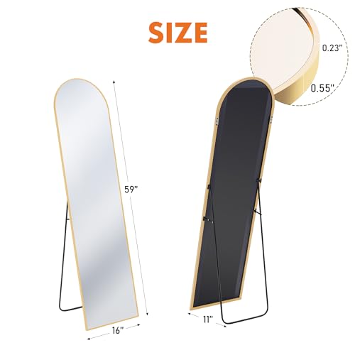 OLIXIS 59"x16.6" Arched Full Length Mirror, Full Body Mirror with Stand | Aluminum Alloy Thin Frame, Free Standing Mirrors for Bedroom, Hanging or Leaning Floor, Living Room Bedroom, Gold - color: Gold-arched, size: 59"L x 16.6"W