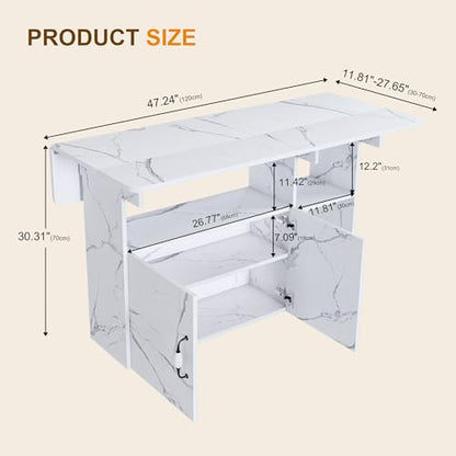 KEIKI 47 Inch Foldable Dining Table, Multi-Functional Folding Table with Storage Shelves and Wheels, Drop Leaf Extendable Dining Desk, Versatile Foldable Side Table for Kitchen, Dorm, Office, White - color: White