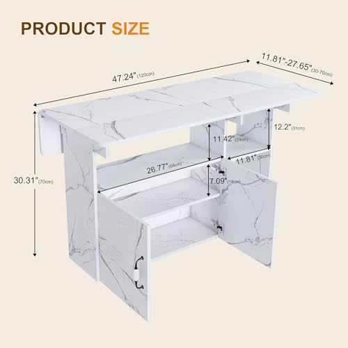 KEIKI 47 Inch Foldable Dining Table, Multi-Functional Folding Table with Storage Shelves and Wheels, Drop Leaf Extendable Dining Desk, Versatile Foldable Side Table for Kitchen, Dorm, Office, White - color: White