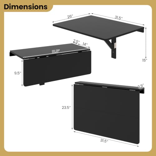 KOTEK Wall Mounted Folding Table, Floating Desk for Wall (Black) | Spacious Surface, Space-Saving , for Home Office, Bedroom, Laundry Room, Balcony & Small Spaces, Easy Assembly - color: Black