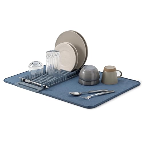 Umbra Udry Dish Rack and Microfiber Drying Mat – Space-Saving Design Folds Up for Easy Storage, Basic Rack, Slate Blue | Protects countertop, BPA-free, recycled plastic construction - color: Slate Blue, size: 24" x 18"
