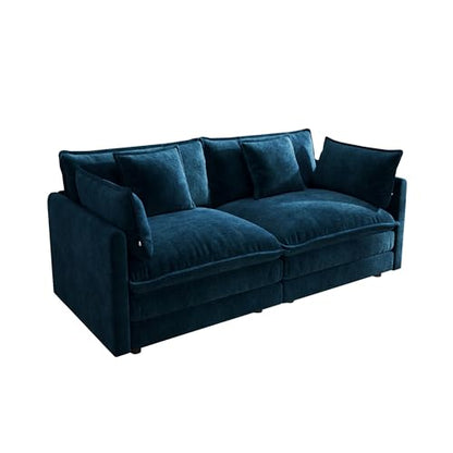 76.7 Inch Modular Sectional Cloud Sofa, 2-Seat Chenille Blue | Chenille Deep Seat Sofa with Pillow for Living Room, Bedroom and Apartment - color: Blue, size: 76.7 inch-Straight