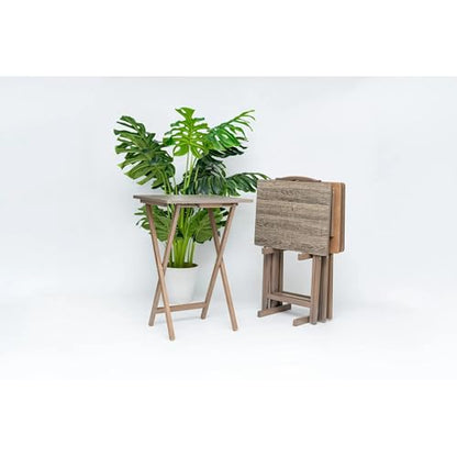 4 Pack Folding TV Tray Tables with Storage Rack, Rustic Gray Rubberwood Snack and Dinner Tables for Living Room, Bedroom and Small Spaces