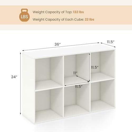 Giantex 6-Cube Bookcase, 3-Tier Cubby Bookshelf, Horizontal Vertical Display Rack with Anti-Tipping Kits, Modern Storage Organizer Shelf Unit for Bedroom, Living Room, Study Room, White | Horizontal Vertical Display Rack with Anti-Tipping Kits, Modern Sto