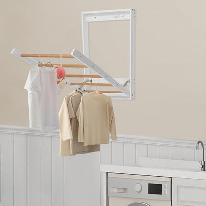 Wall Mounted Clothes Drying Rack Wood Laundry Rack Space-Saving, Folding Clothes Drying Rack for Laundry Room, Bathroom, Apartments White 23.6×2.4×31.5in