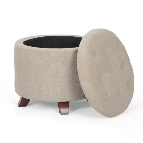 Athena Collection 20 Inch Small Ottoman with Storage, Round Linen Fabric Storage Ottoman with Removable Lid, Stylish Footstool Foot Rest for Living Room, Bedroom, Dorm, Khaki - color: Khaki, size: 20"D x 20"W x 17"H