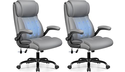 BESTFAIR High Back Office Chair, Adjustable Lumbar Support, Rocking, Gray | Inflatable Lumbar Eases Lower Back Fatigue, Padded Flip-Up Armrests, 21" Wide Seat, Scratch-Resistant PU Leather, 2 Pack - color: Grey, size: 2 Pack