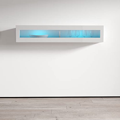 Meble Furniture Floating Media Cabinet Type-51 — Wall-Mounted Storage with LED Lighting — High Gloss Finish, 47.2 x 11.8 x 11.8 inches — White
